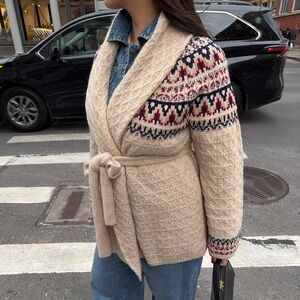 REVOLVE Beige Fair Isle Belted Cardigan with Red & Navy Accents